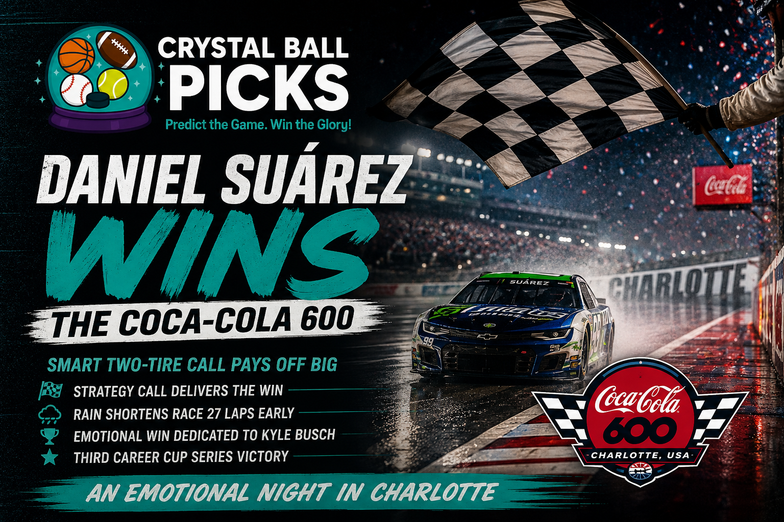Daniel Suarez wins the rain-shortened 2026 Coca-Cola 600 at Charlotte
