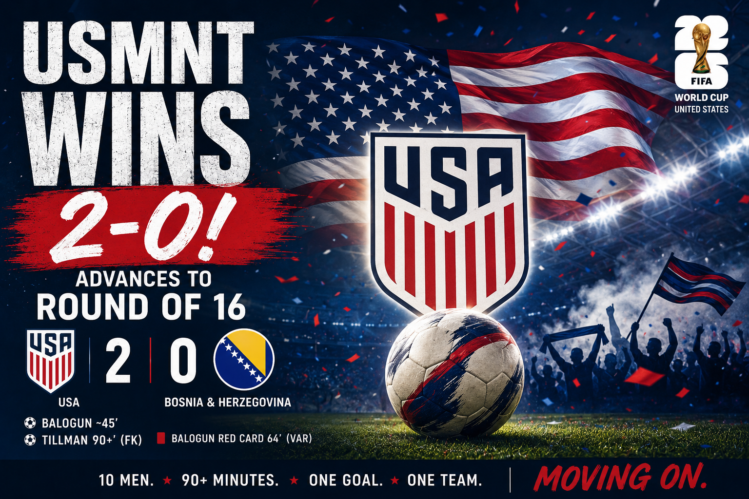 USMNT beats Bosnia Herzegovina 2-0 in 2026 World Cup Round of 32 at Levi's Stadium