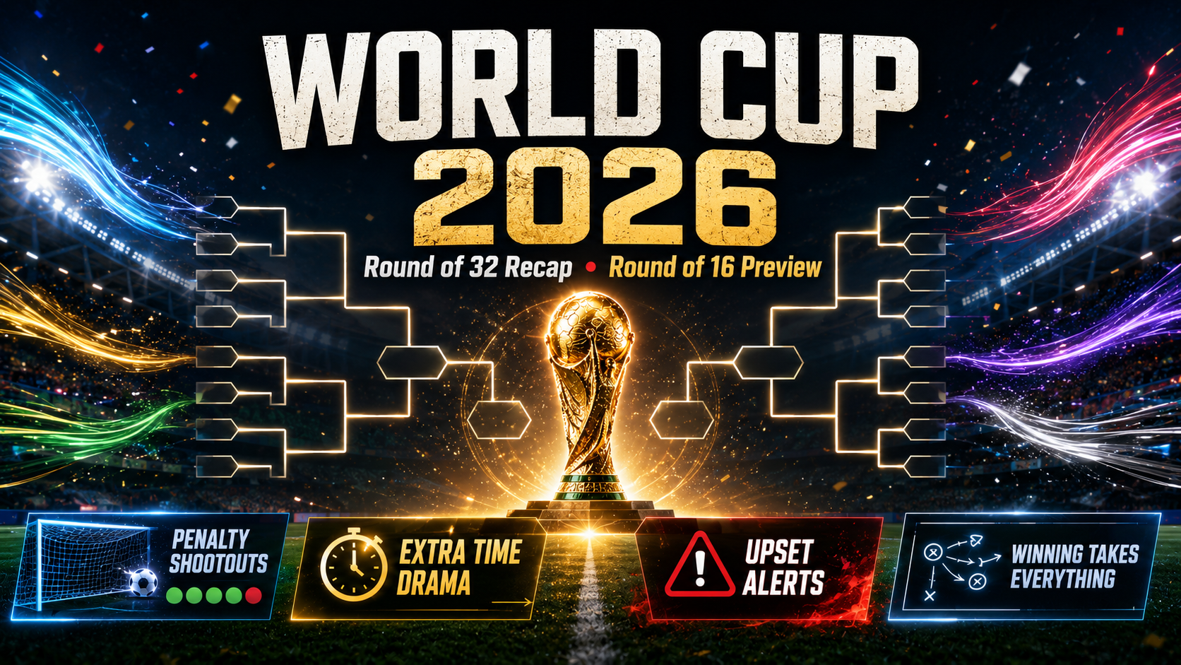 World Cup 2026 Round of 32 recap and Round of 16 preview graphic with stadium, trophy, and knockout bracket theme