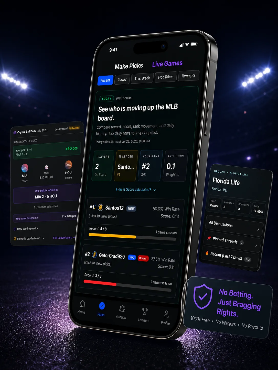 Crystal Ball Picks app preview showing live games, group competition, and no-betting bragging rights